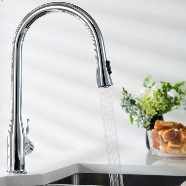 Chrome Single Handle Pull-Out Spray Kitchen Faucet with Soap Dispenser