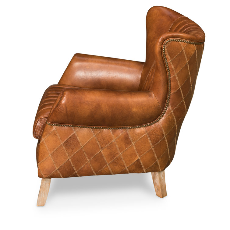 Transitional Bugatti Brown Leather & Wood Wingback Arm Chair