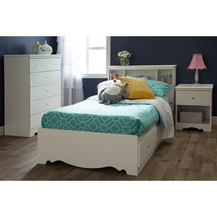 White Twin Wood Bookcase Headboard with Storage