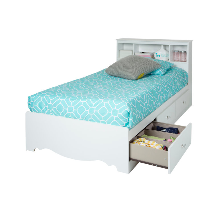 White Twin Wood Bookcase Headboard with Storage
