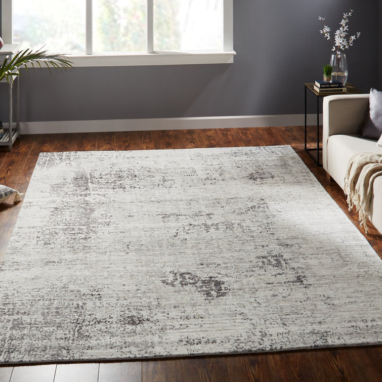 Gray and Off-White Abstract Rectangular Silk Area Rug