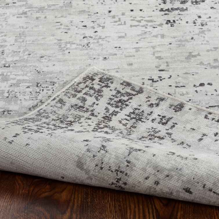 Gray and Off-White Abstract Rectangular Silk Area Rug