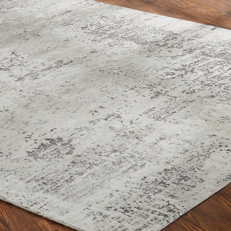 Gray and Off-White Abstract Rectangular Silk Area Rug