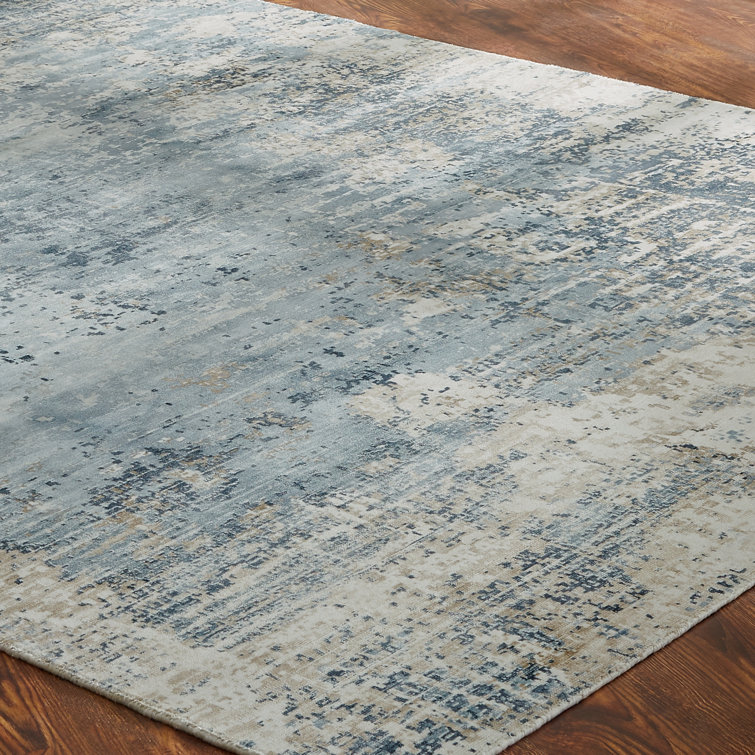 Handmade Blue and Beige Abstract Silk Area Rug, 2' x 3'
