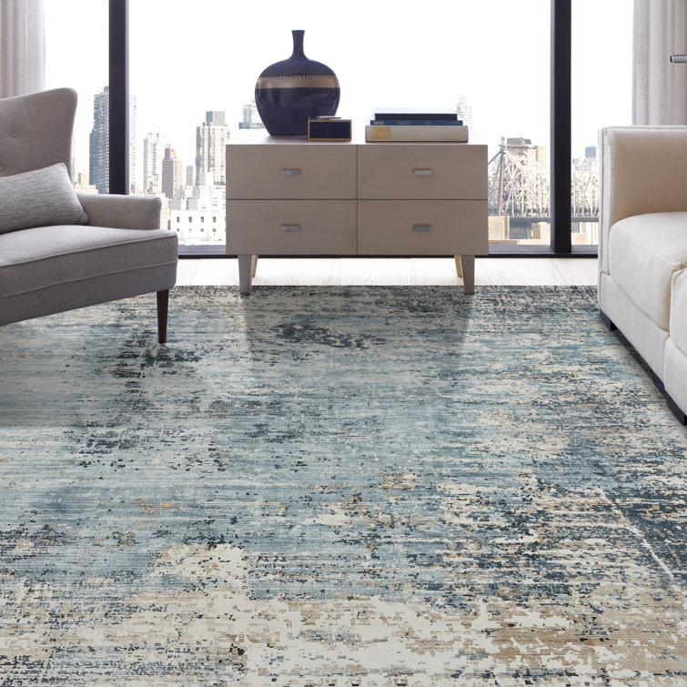 Handmade Blue and Beige Abstract Silk Area Rug, 2' x 3'