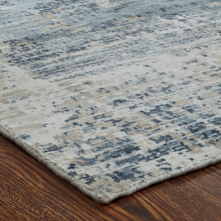 Handmade Blue and Beige Abstract Silk Area Rug, 2' x 3'