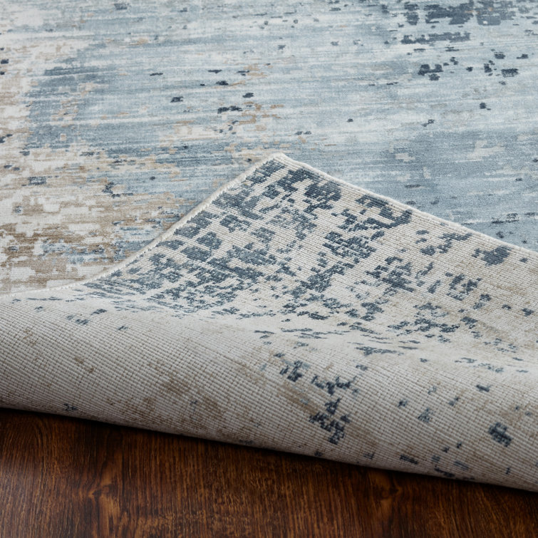 Handmade Blue and Beige Abstract Silk Area Rug, 2' x 3'