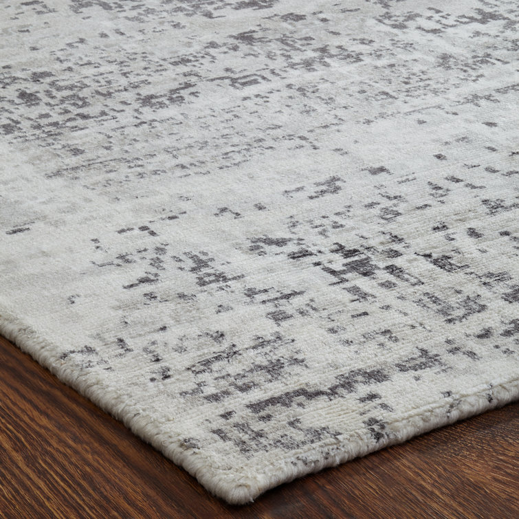 Gray and Off-White Abstract Rectangular Silk Area Rug