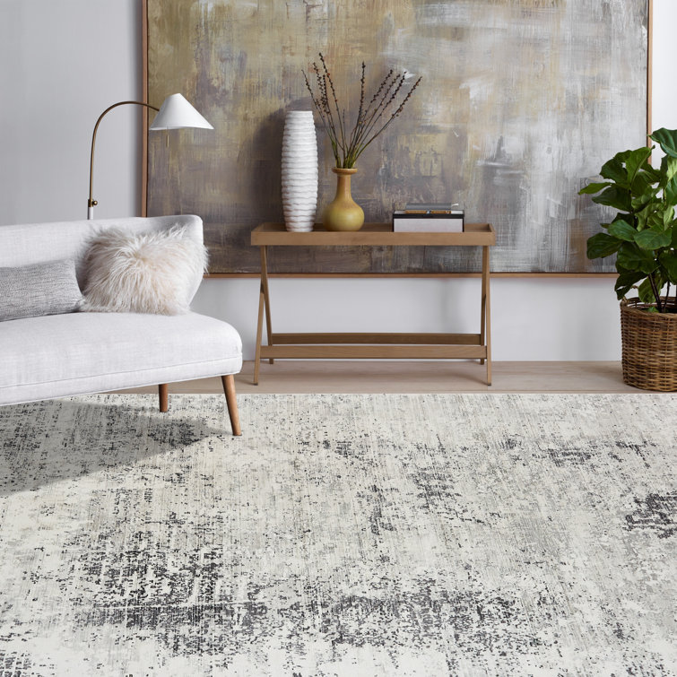 Gray and Off-White Abstract Rectangular Silk Area Rug