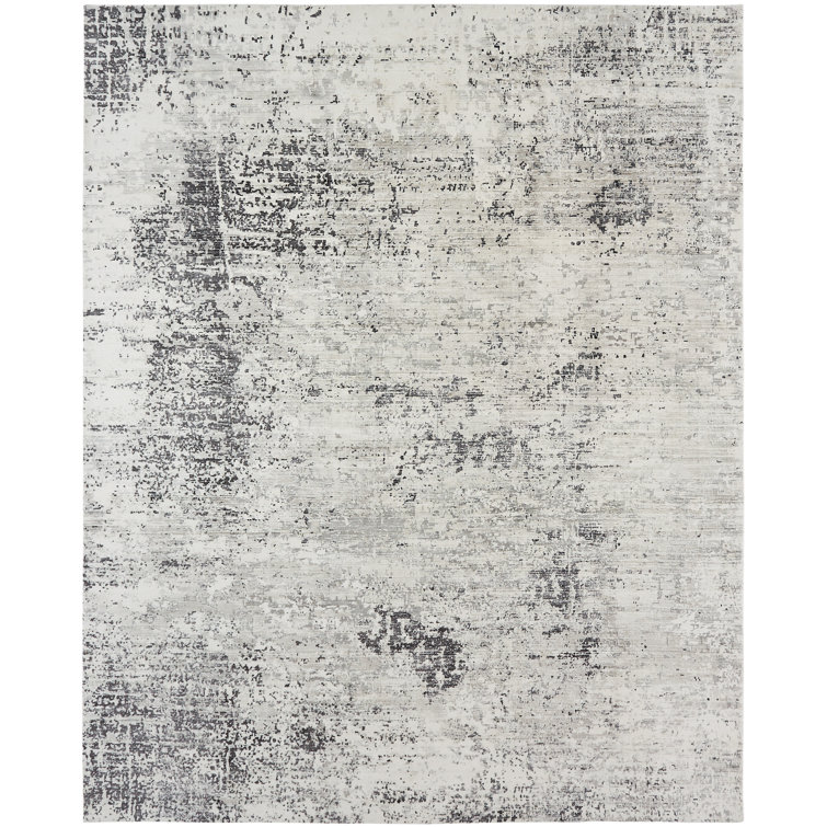 Gray and Off-White Abstract Rectangular Silk Area Rug
