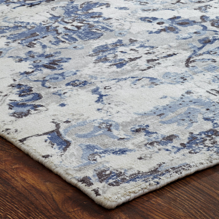 Blue and Gray Abstract High Pile Viscose Area Rug