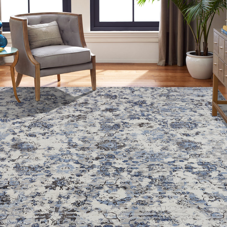 Blue and Gray Abstract High Pile Viscose Area Rug