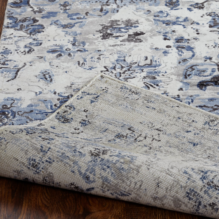 Blue and Gray Abstract High Pile Viscose Area Rug