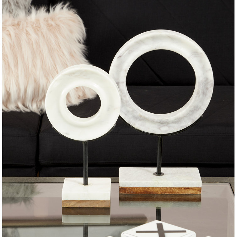 White Marble Ring Sculpture with Wood Base