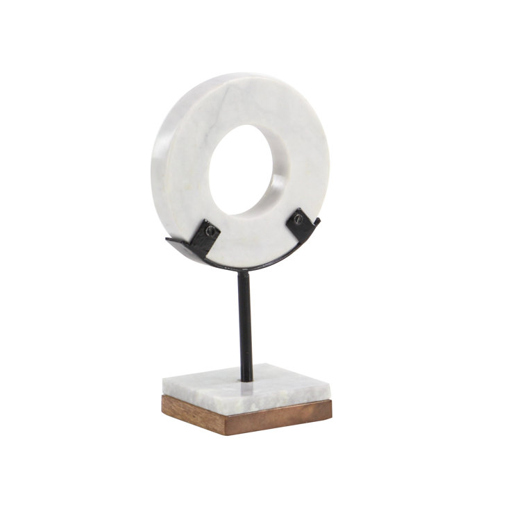 White Marble Ring Sculpture with Wood Base