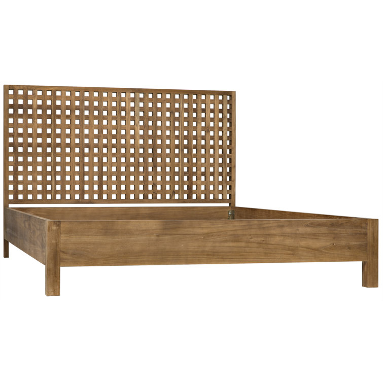 Quinnton Teak Wood Queen Platform Bed with Grid Headboard