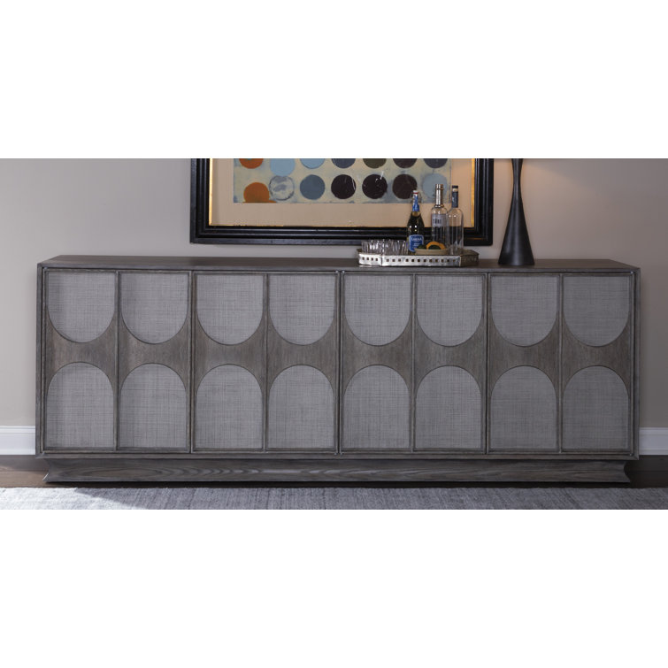 Mid-Century Modern Grey Oak Long Media Console with Raffia Accents