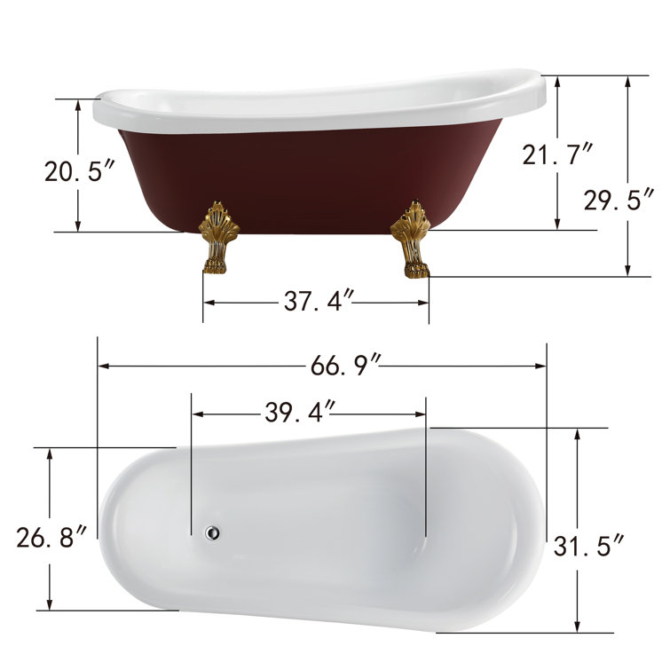 67" Red and White Acrylic Clawfoot Soaking Bathtub