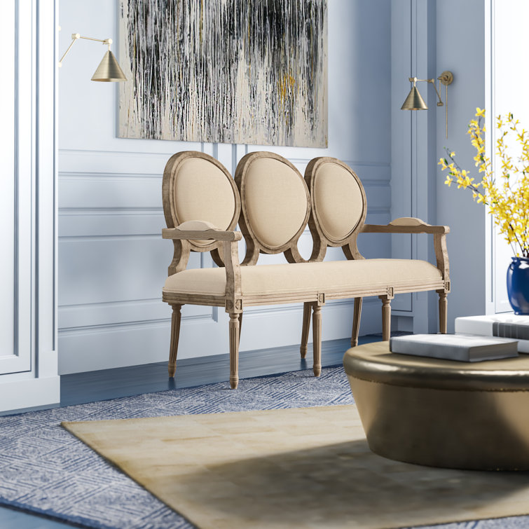 Natural Linen Upholstered Settee with Wood Frame