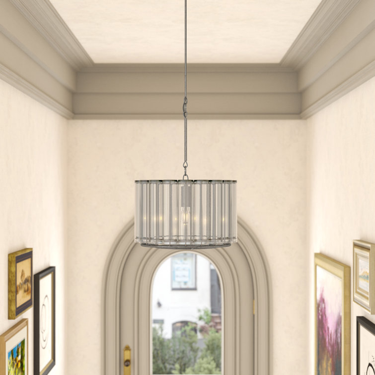 Silver Leaf Glass Drum Pendant Light with Extension Rod Kit