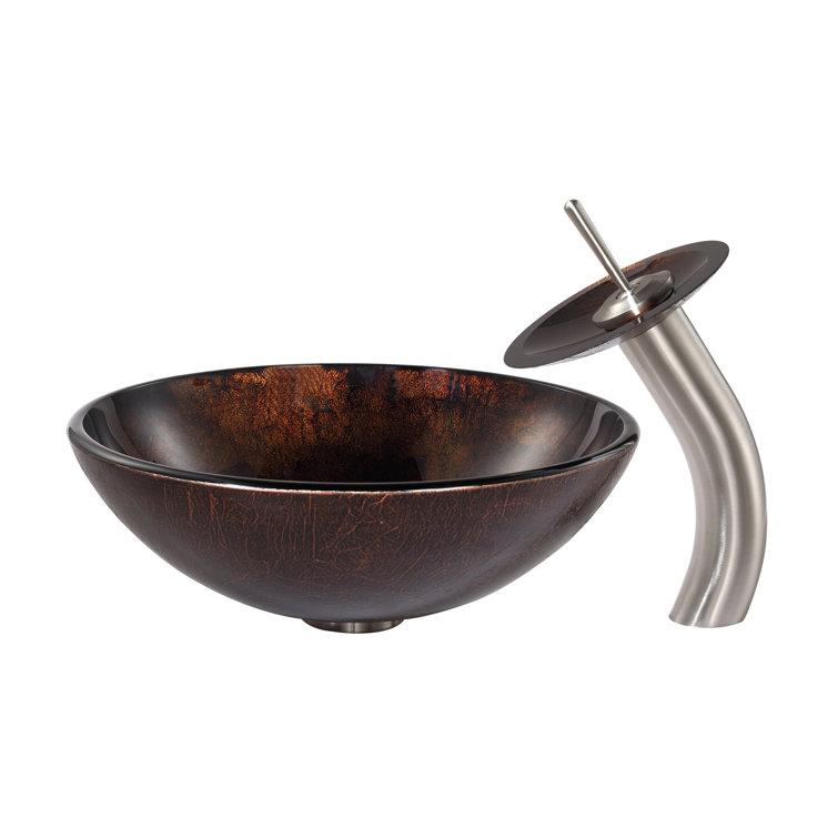 Dark Brown Glass Circular Vessel Sink with Satin Nickel Faucet