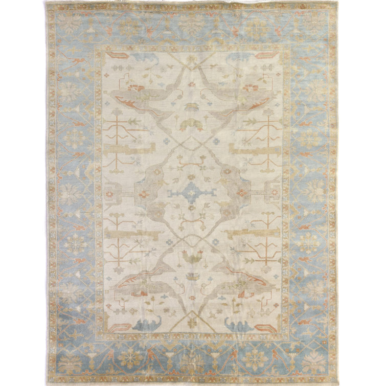 Ivory and Blue Hand-Knotted Wool Oriental 4' x 6' Rug