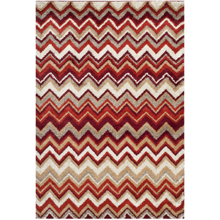 Red and Beige Striped 4' x 6' Synthetic Area Rug