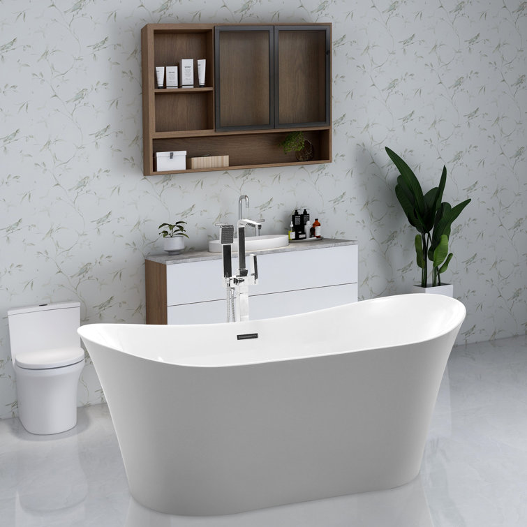 67-Inch White Acrylic Freestanding Soaking Bathtub with Polished Chrome Overflow