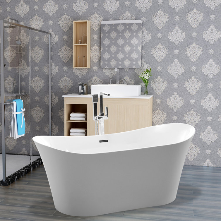 67-Inch White Acrylic Freestanding Soaking Bathtub with Polished Chrome Overflow