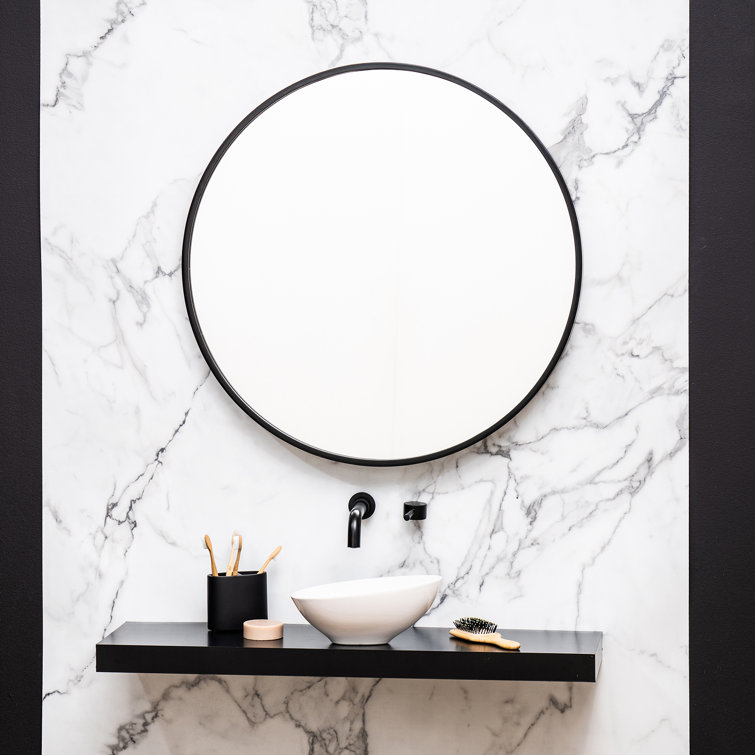 Luna 30" Round Black Matte Wood Wall Mirror