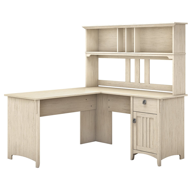 Salinas Antique White Wood L-Shaped Desk with Hutch and Storage