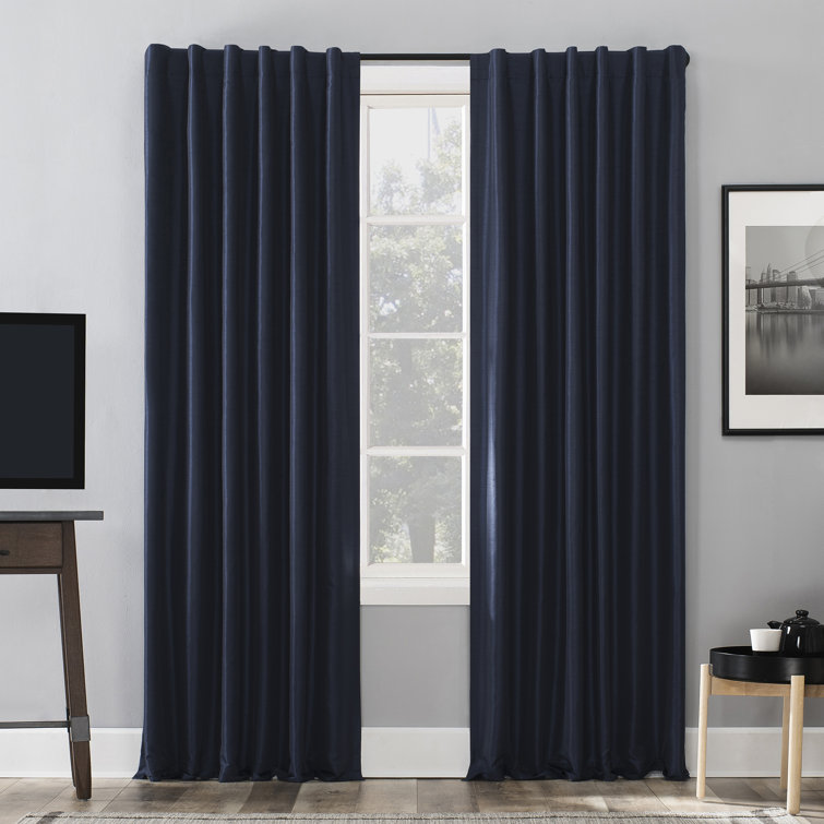 Navy Faux Silk Blackout Back Tab Curtain Panel