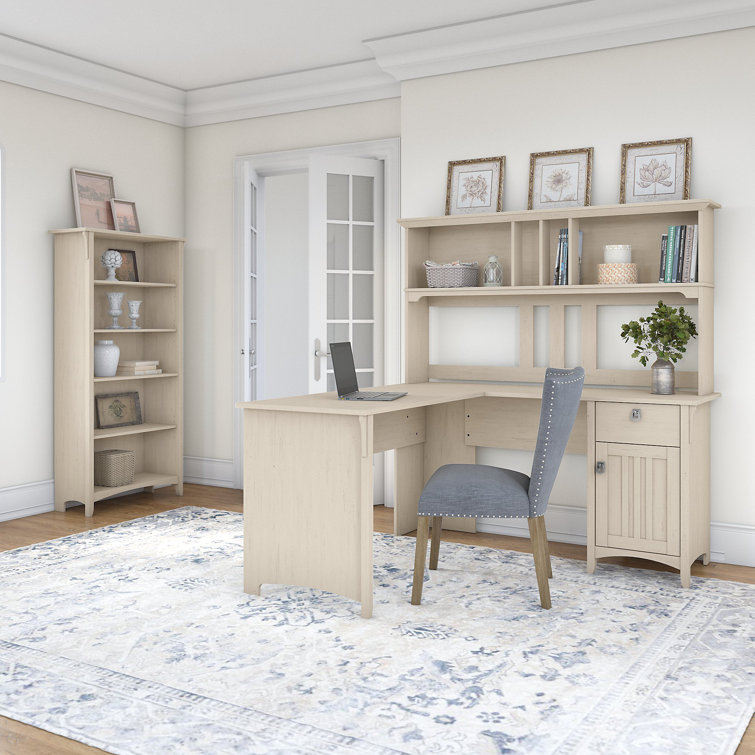 Antique White L-Shaped Desk with Hutch and Bookcase Set