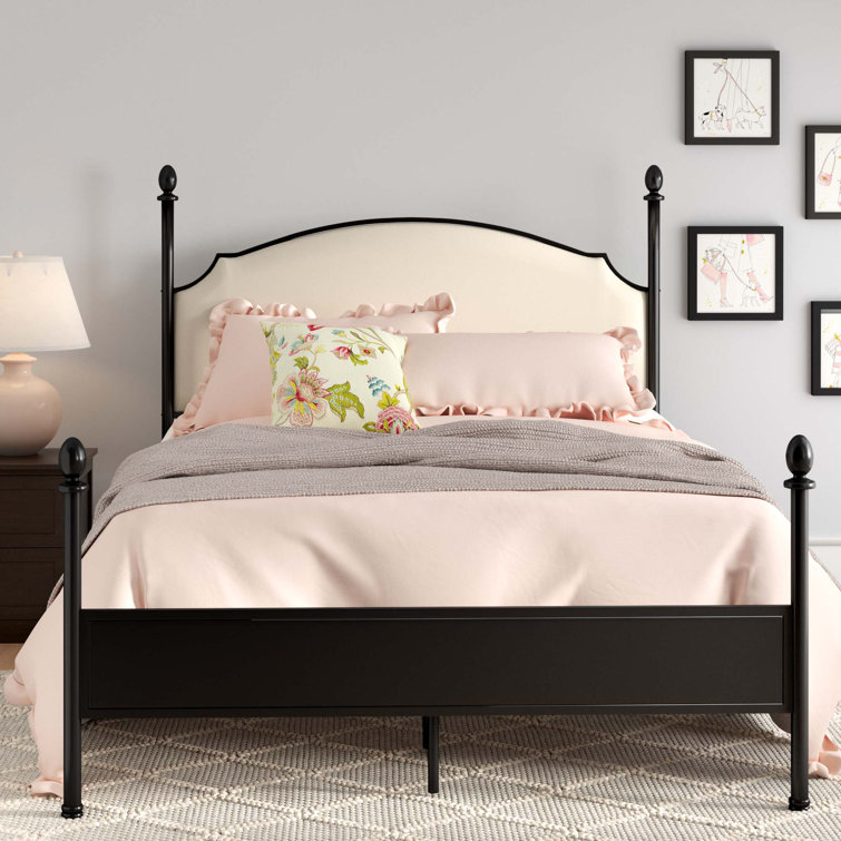 King Gunmetal Metal Four-Poster Bed with Cushioned Headboard