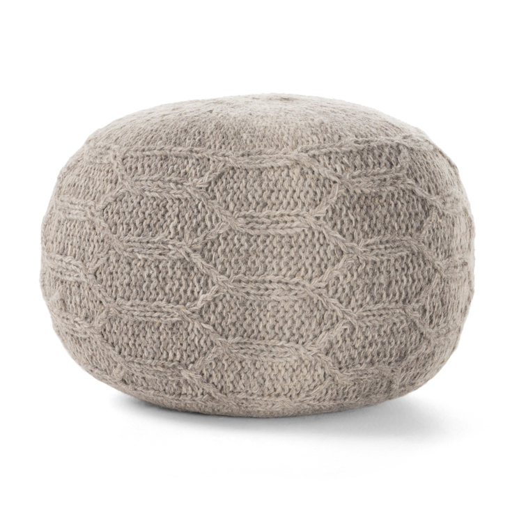Handwoven Gray Wool Round Pouf Ottoman