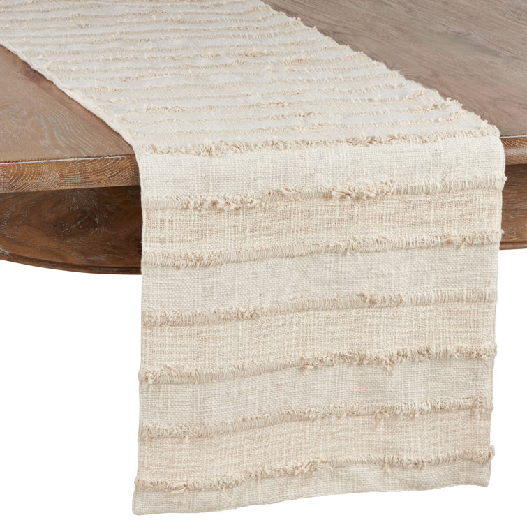 Ivory and Beige Cotton Fringe Striped Table Runner