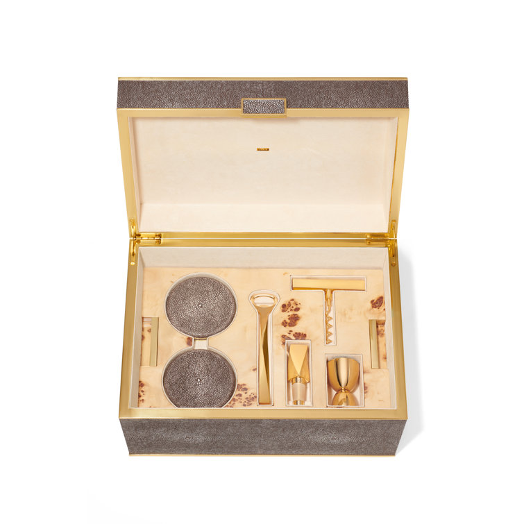 Chocolate Faux Shagreen and Brass Bar Tool Set