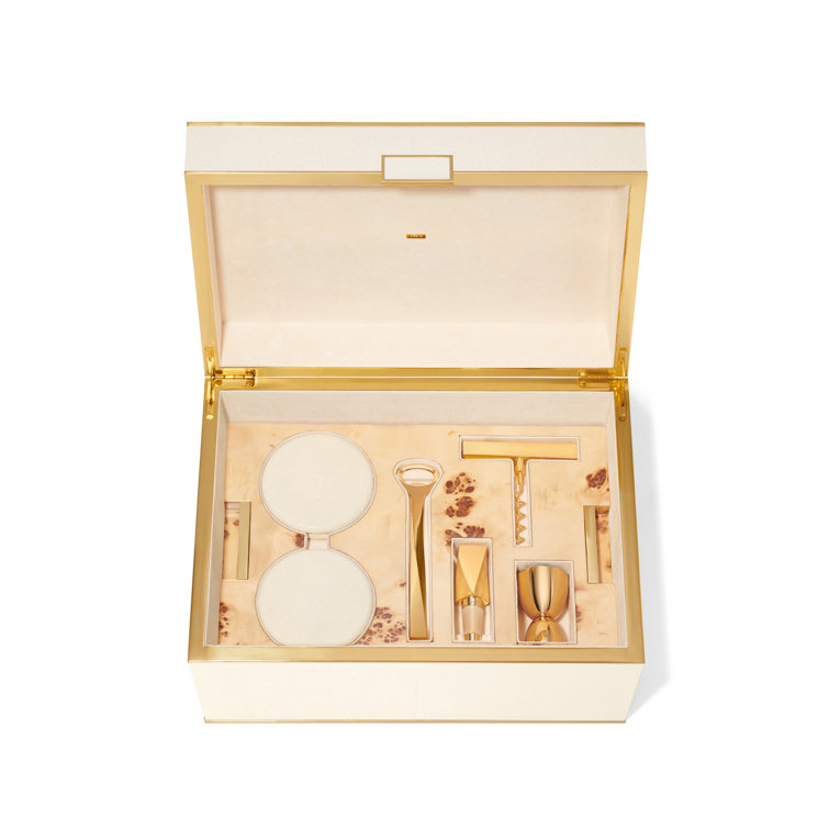 Cream Faux Shagreen Bar Tool Set with Brass Accents