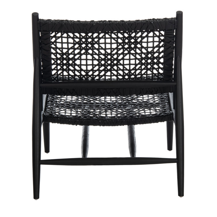Transitional Black Leather and Wood 26'' Accent Chair