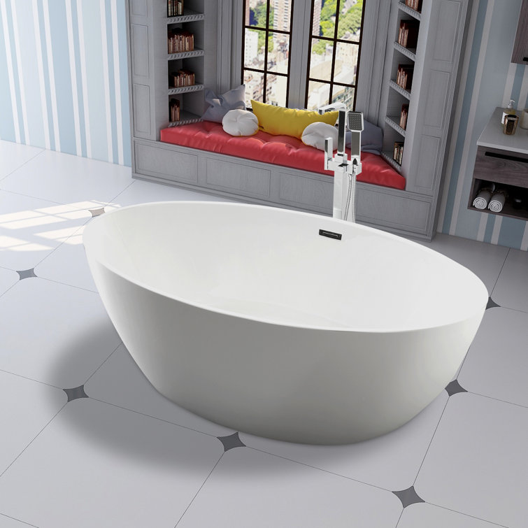 White Acrylic Freestanding Soaking Bathtub with Chrome Drain