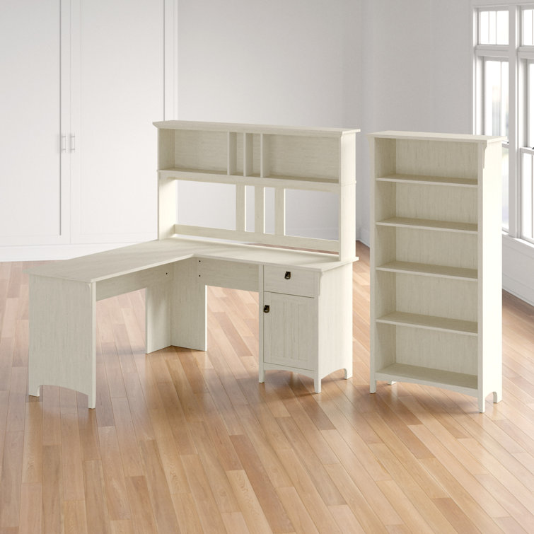 Antique White L-Shaped Desk with Hutch and Bookcase Set