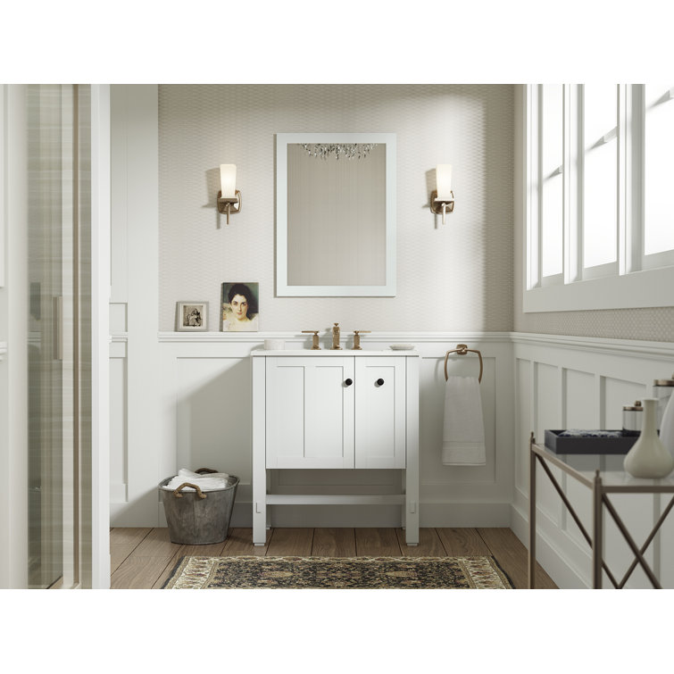 Linen White Rectangular Wood Bathroom Vanity Mirror