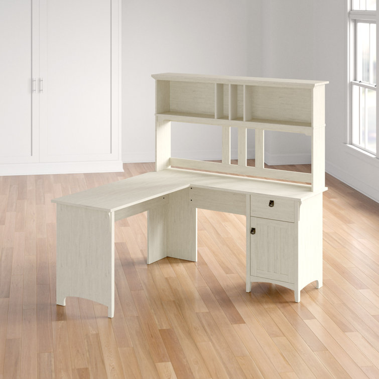 Salinas Antique White Wood L-Shaped Desk with Hutch and Storage