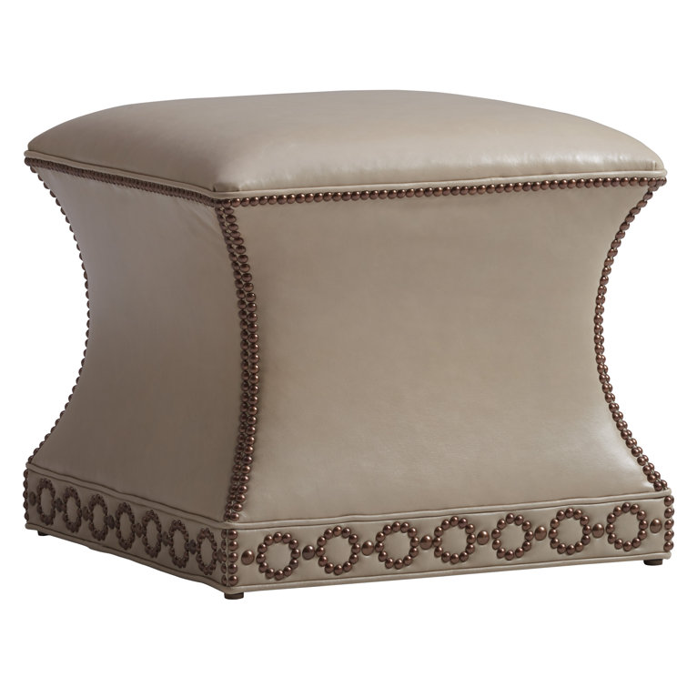 Carlyle Square Beige Genuine Leather Ottoman with Black Wood Legs