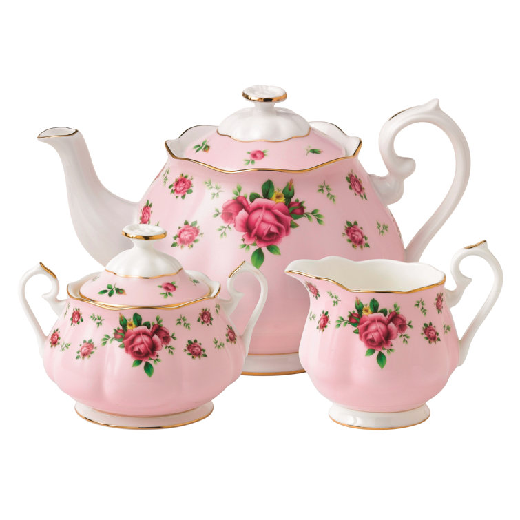 Pink Bone China Tea Set with Gold Trim, Set of Three