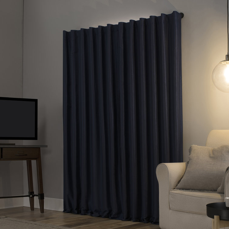Navy Faux Silk Blackout Back Tab Curtain Panel