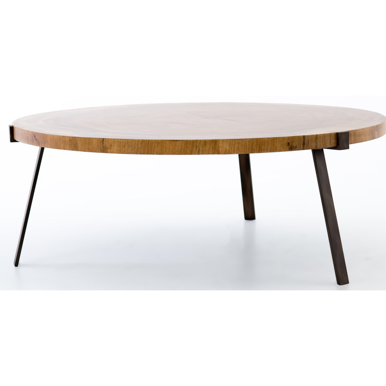Modern Minimalist Round Blonde Guanacaste Wood & Bronze Metal Coffee Table