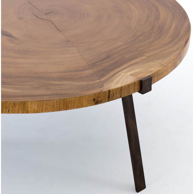 Modern Minimalist Round Blonde Guanacaste Wood & Bronze Metal Coffee Table
