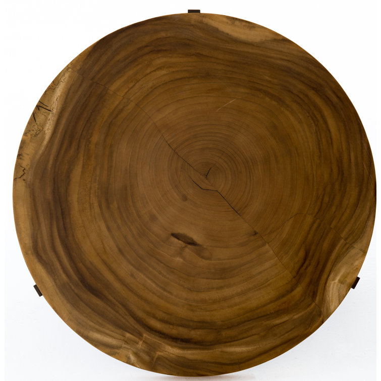 Modern Minimalist Round Blonde Guanacaste Wood & Bronze Metal Coffee Table