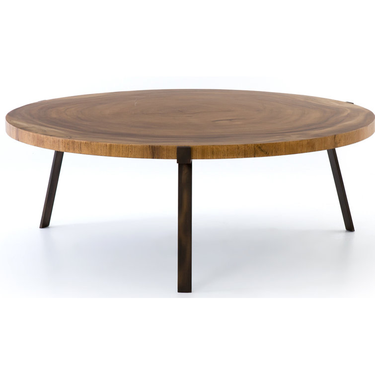 Modern Minimalist Round Blonde Guanacaste Wood & Bronze Metal Coffee Table